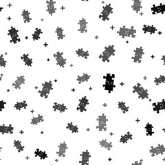 Black Piece of puzzle icon isolated seamless pattern on white background. Business, marketing, finance, template, layout, infographics, internet concept. Vector Illustration