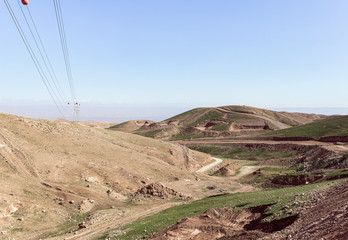 Panoramic  view of the hills of Samaria with poles with high voltage power lines in Israel - obrazy, fototapety, plakaty