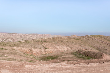 Panoramic  view of the hills of Samaria in Israel and the mountains of Jordan visible in the distance - obrazy, fototapety, plakaty