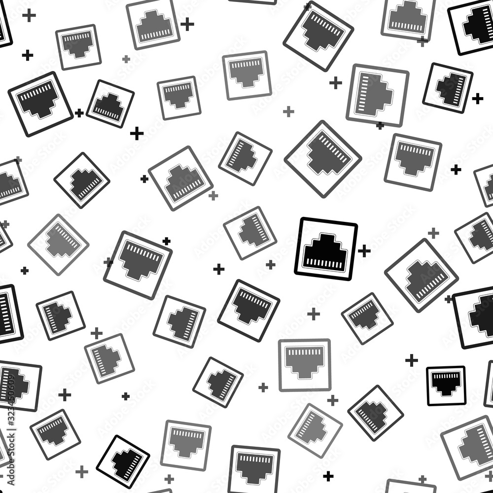 Aufkleber black network port - cable socket icon isolated seamless pattern on white background. lan port icon.