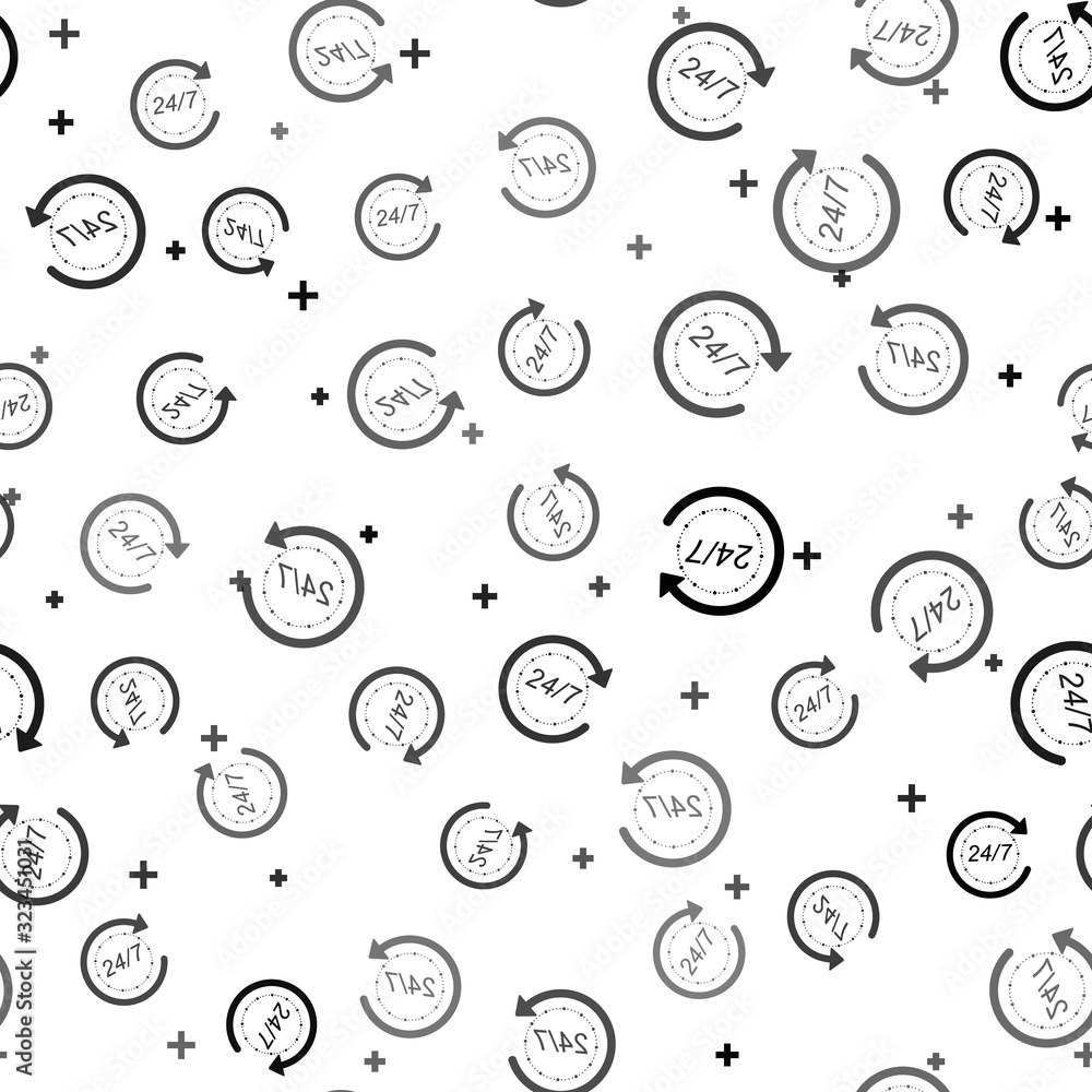 Poster black open 24 hours a day and 7 days a week icon isolated seamless pattern on white background. all 