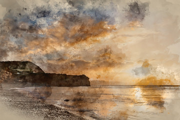 Digital watercolor painting of Stunning sunrise landscape image of Ladram Bay beach in Devon England with beautiful rock stacks on beach