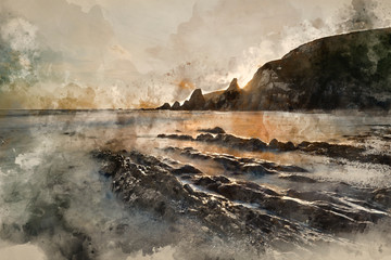 Digital watercolor painting of Stunning sunset landscape image of Westcombe Beach in Devon England with jagged rocks on beach and stunning cloud formations