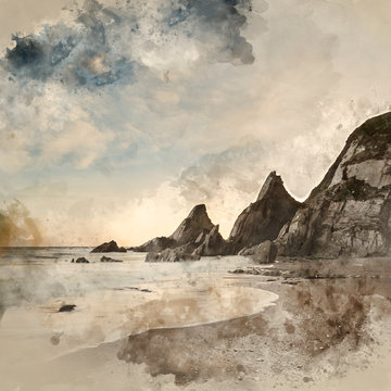 Digital watercolor painting of Stunning sunset landscape image of Westcombe Beach in Devon England with jagged rocks on beach and stunning cloud formations