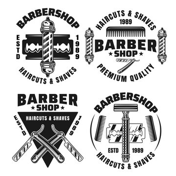 Barbershop and hairdressing set of vector emblems