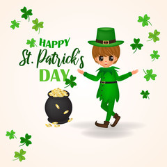 The boy Greeting Happy St. Patrick's Day with cauldron have coins and clovers to event of vector
