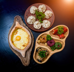 Georgian cuisine food set. Georgian restaurant. Restaurant background.