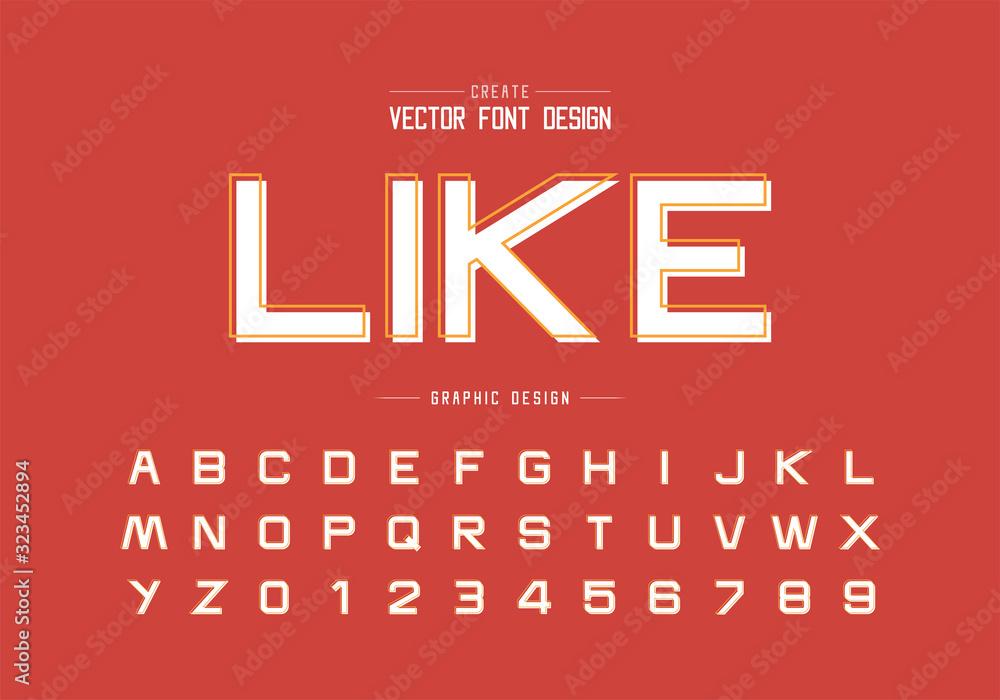 Poster line font with white shadow and alphabet vector, design typeface letter and number, graphic text on 