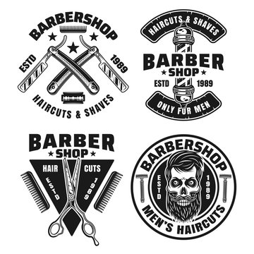 Barbershop set of four vector emblems or badges