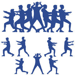 Dark blue silhouettes of teenagers dancing modern dance in different poses and emotion. A group of happy teenagers are dancing and having fun. Dance is life.