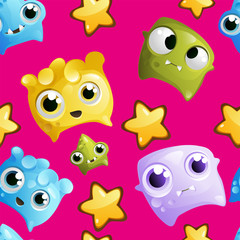 Vector seamless pattern with funny characters in cartoon, childish style.