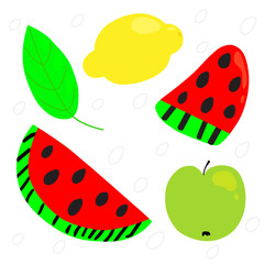 Bright fruits. Slices of watermelon, lemon and apple. Child's drawing summer