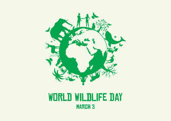 World Wildlife Day vector. Wild animals silhouette. Green planet vector. Planet Earth with fauna and flora vector. Environmental concept vector. Wildlife Day Poster, March 3. Important day