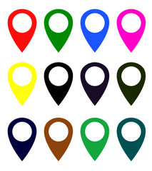  location pins icons on transparent. map markers signs. flat style. map points symbols. map pointers symbol. map pin sign. 