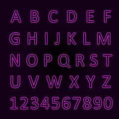 Glowing neon pink  alphabet with letters from A to Z and numbers from 1 to 0.