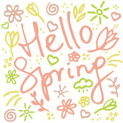 Spring vibes. Marker hand drawn illustration with inscription Hello spring, flowers, hearts and sun. Cute doodle elemets for digital and print.