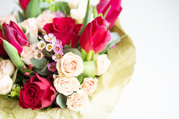 Bouquet of flowers. Beautiful flowers for valentines and wedding scene. Valentines and 8 March Mother Women's Day concept.