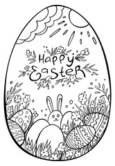 Hand drawn easter egg with doodle ornament and easter rabbit on white background. Lettering Happy Easter. Vector coloring card. Cartoon Egg drawing. Spring holiday card.