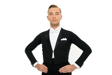 Confident and attractive. Handsome man isolated on white. Man in tuxedo. Formal groom style man. Ballroom dancer man. Fashion and style. Dress code. Dressed up for prom or wedding ball