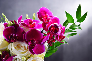Composition with bouquet of freshly cut flowers