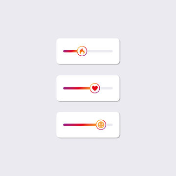 Slider with Emoji. Sign fire, heart and smile for social media isolated on modern background. Scroll smile for apps and websites. Vector illustration.
