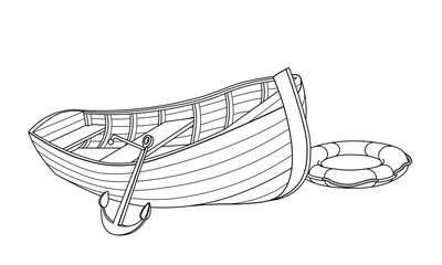 wooden boat  made of boards on a shore with life ring & grapnel, symbol of rescue, vector illustration with black contour lines isolated on white background in a hand drawn style