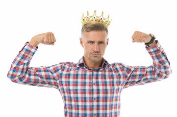Live bigger. Big boss flex arms. Strong man wear crown. Big boss isolated on white. Big boss show...