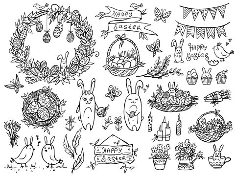 Set of doodle easter elemetns isolated on white. Basket with colored eggs, rabbit, carrots, tulips, cake, candle, chick. Vector illustration. Perfect for coloring book, greeting card, print.