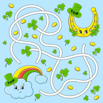 Funny maze for kids. Rainbow, horseshoe. St. Patrick's day. Puzzle for children. Cartoon character. Labyrinth conundrum. Color vector illustration. Find the right path.
