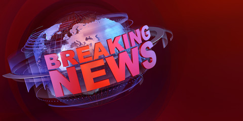 Breaking news live on world map globe background illustration design concept. News theme headline template tv screen saver infographic with Breaking News 3D text, glowing lines, dots, design elements