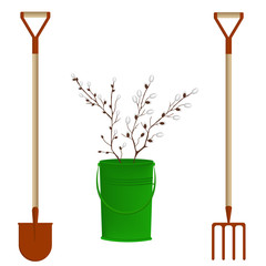 Willow branches in a green bucket, spade, pitchfork - isolated on a white background - art, vector. Set of spring garden work design elements. © istorsvetlana