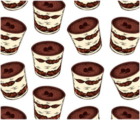 Sketch hand drawn pattern with colorful cake in cup isolated on white background. Vintage engraved italian dessert tiramisu, coffee, chocolate, mascarpone, savoiardi. Vector illustration, wallpaper
