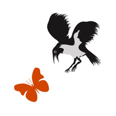 Crow and red butterfly - isolated on a white background - art, vector.