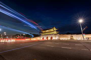 Night view of Gwanghwamun gate, Seoul, South Korea.(Sign board text is "Gwanghwamun gate")