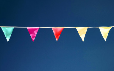 Multicolored colorful flags against dark blue sky background. Text copy space. Celebration concept