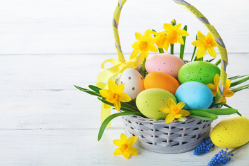 Colorful Easter eggs in basket and spring daffodil flowers on white wooden table.