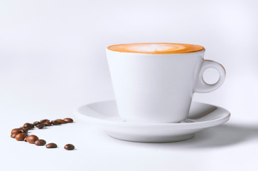 Coffee and grains of coffee on a white background. cappuccino coffee