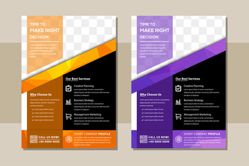 The minimal vector editable layout of square format design template for brochure, flyer, magazine. Colorful polygonal background with triangles, modern pattern. space for photo. flat orange and purple