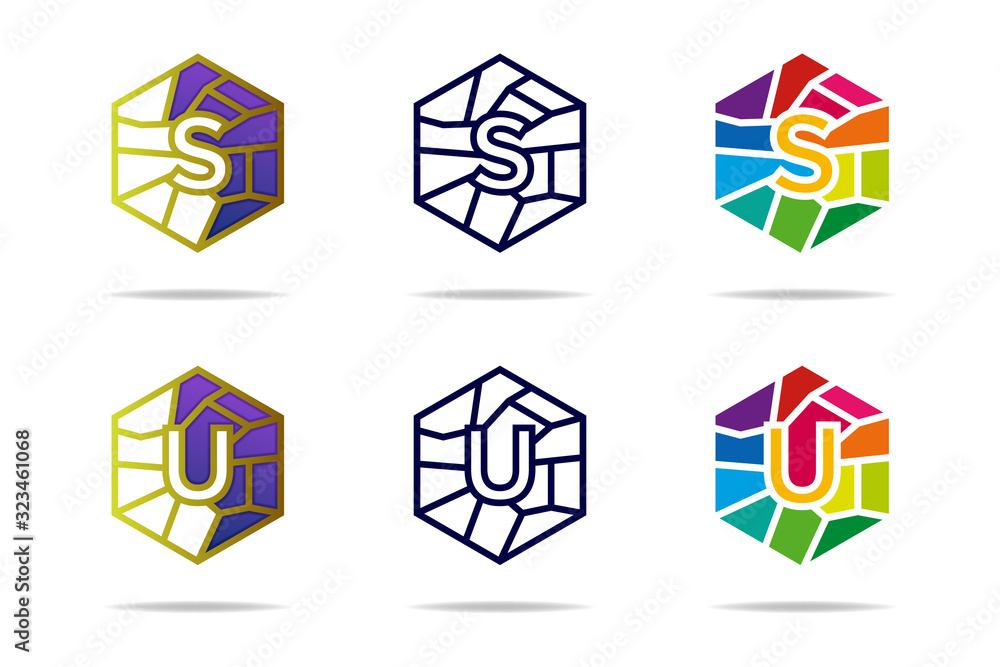 Poster creative design of letter s and letter u combined with polygonal style. initial su logo design templ