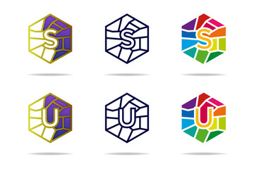 creative design of letter S and letter U combined with polygonal style. Initial SU logo design template combined with outline and solid color of hexagon. Abstract colorful polygonal in gradient.