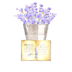 Watercolor illustration in provence style. Lavender bouquet in a bucket with an open book. Perfect in print design, decoupage, design of photo albums, web sites and other creative projects.