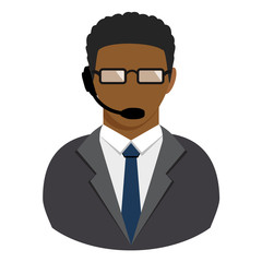 Call center chat operator flat avatar African American man icon isolated on white background.