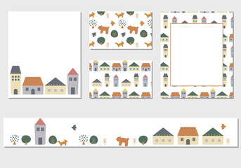 Nordic Style Town Illustration, Banner, Seamless Pattern, Frame Set