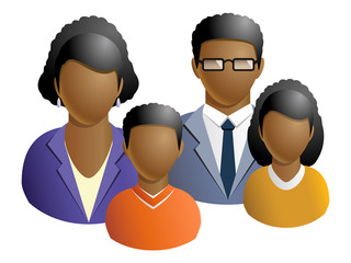 Family African or African-American with two children avatar icon isolated on white background. Parents and son with daughter