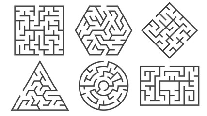 Maze. Labyrinth game in different graphic shapes for right or wrong paths and many entrance riddle, find way rebus logic conundrum vector set - obrazy, fototapety, plakaty