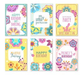 Flower card. Romantic greeting cards with abstract flowers and text for celebration wedding, birthday and party, floral design vector set