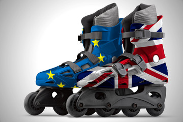 Roller Skates With european and UK Flag. Brexit concept