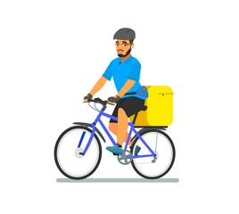 Bicycle delivery logistics courier. Bike messenger bearded male character hipster style. Blue yellow colors. Isolated on white background. Vector design illustration.
