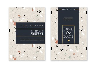 Terrazzo wedding invitation card. Bridal abstract flyers design, save date and name, stone and marble texture, cover announcement vector set