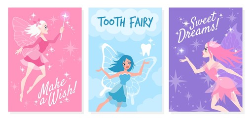 Fototapeta na wymiar Fairy card. Cute little tooth fairy, with magic wand make wish for fabric print on kids wear, girly vector concepts